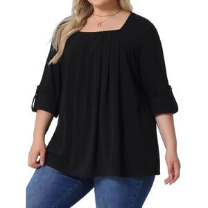Plus Size Blouses Long Sleeve Square Neck Tunic Top Black